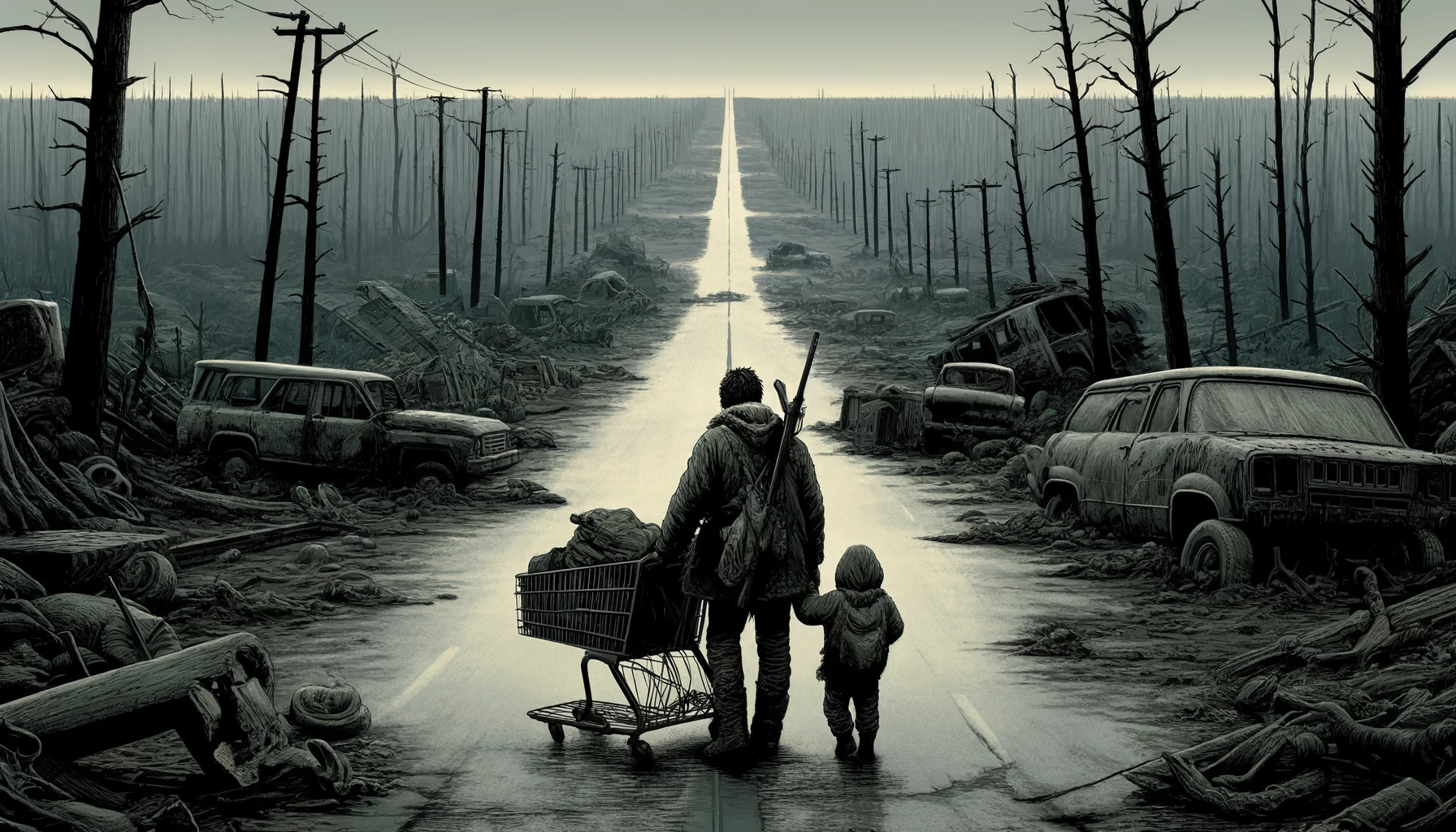 Ilustración inspirada en La carretera de Cormac McCarthy, novela post-apocalíptica sobre un padre y su hijo atravesando un paisaje devastado y desolado hacia la costa.