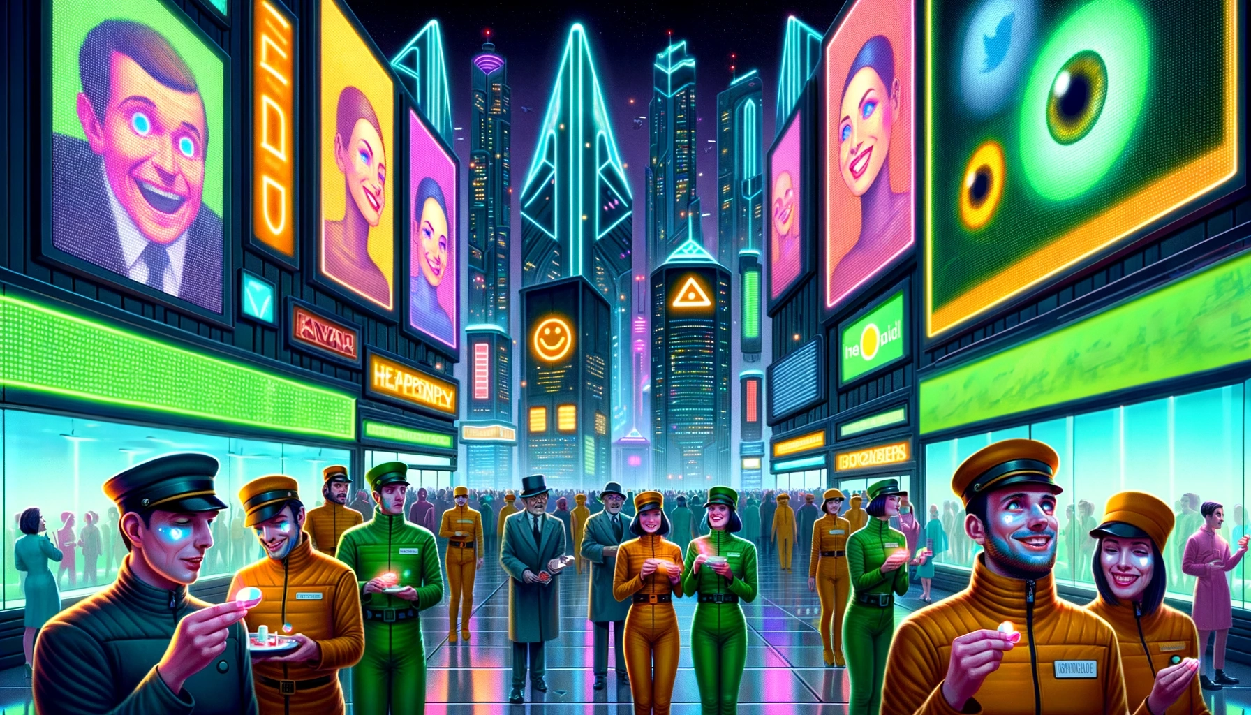 Ilustración inspirada en Un mundo feliz de Aldous Huxley, con una escena que representa la sociedad futurista del Estado Mundial donde la tecnología y el consumo han eliminado la libertad individual.