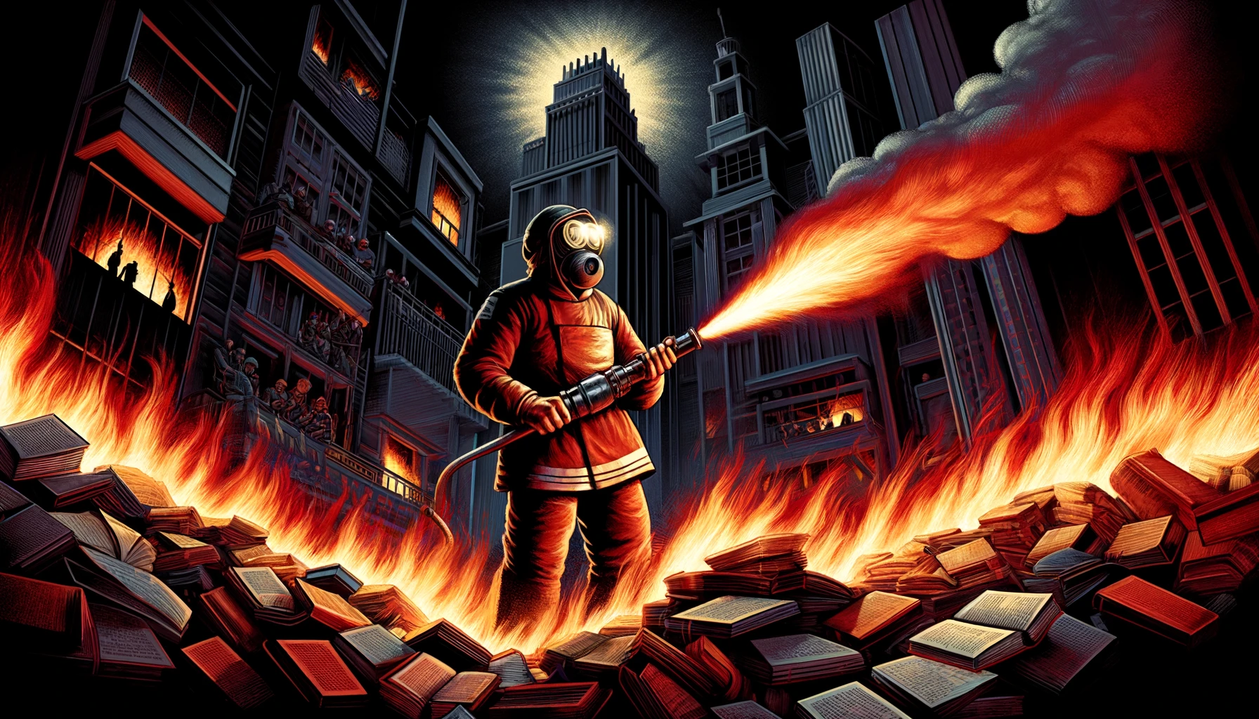Ilustración inspirada en Fahrenheit 451 de Ray Bradbury, con bomberos quemando libros en un mundo distópico donde la lectura está prohibida y el conocimiento es perseguido.