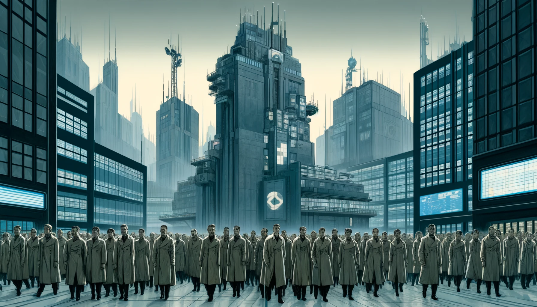 Ilustración inspirada en Nosotros de Yevgueni Zamiatin, novela distópica rusa sobre el Estado Único donde los ciudadanos viven en estructuras de cristal bajo vigilancia constante.