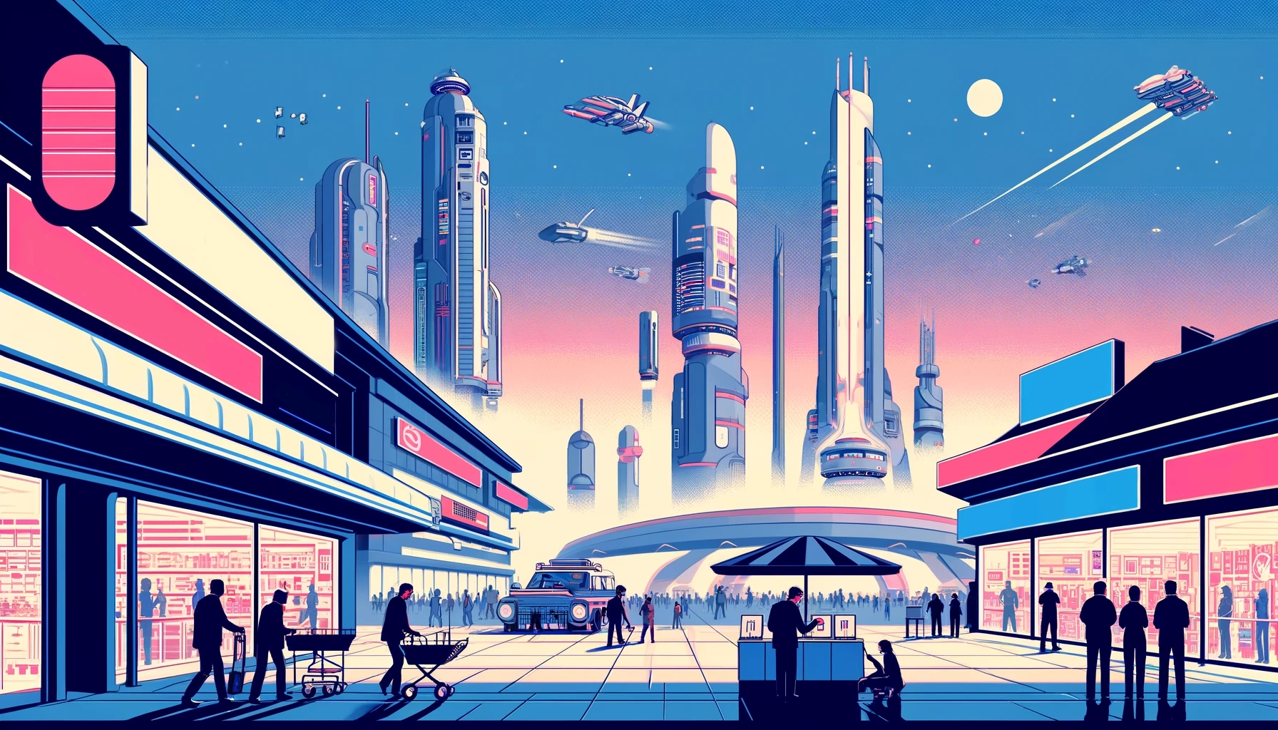 Ilustración inspirada en Mercaderes del espacio de Frederik Pohl y C.M. Kornbluth, novela distópica sobre un futuro dominado por el capitalismo publicitario y las corporaciones.