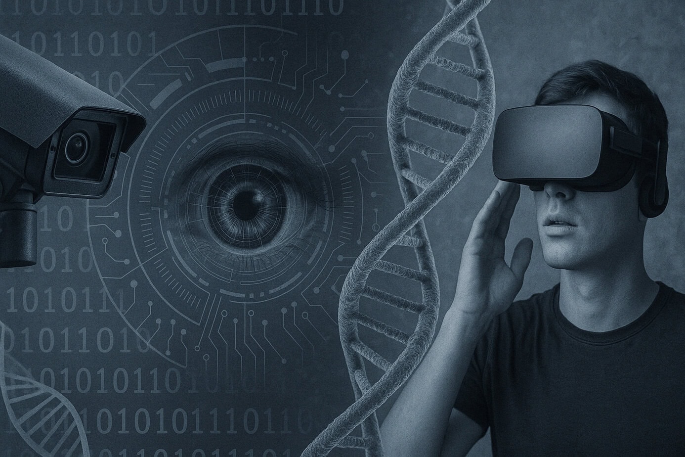 Collage mostrando conceptos de vigilancia masiva, IA, manipulación genética y realidad virtual.