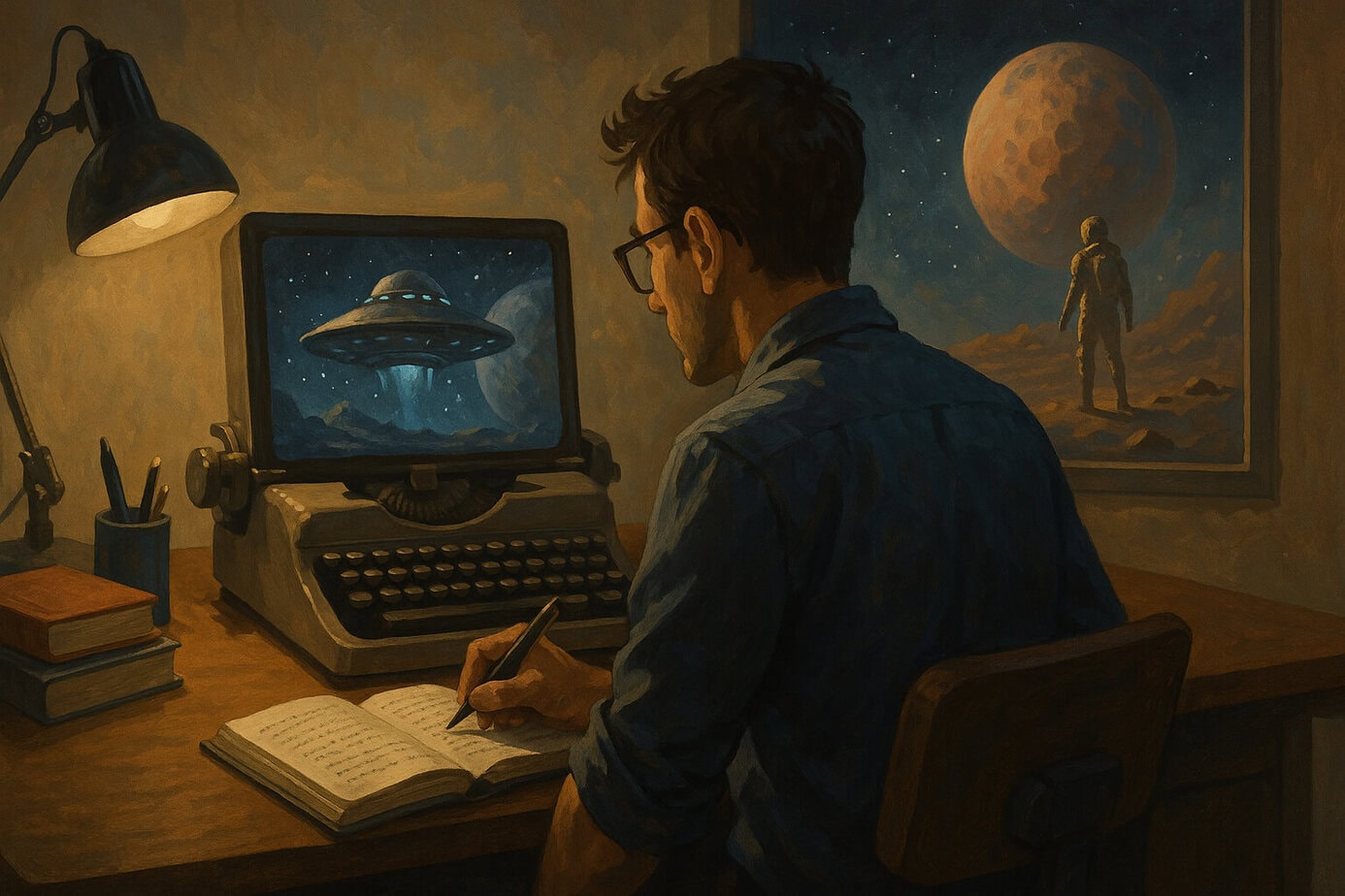 Escritor de ciencia ficción trabajando en su historia frente a una máquina de escribir, con elementos espaciales y futuristas en el entorno