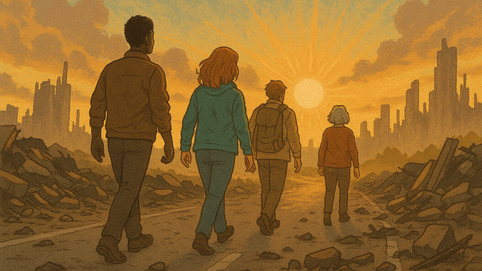 Grupo de personas caminando entre ruinas hacia el amanecer tras un cataclismo, símbolo del espíritu hopepunk y la esperanza en la reconstrucción