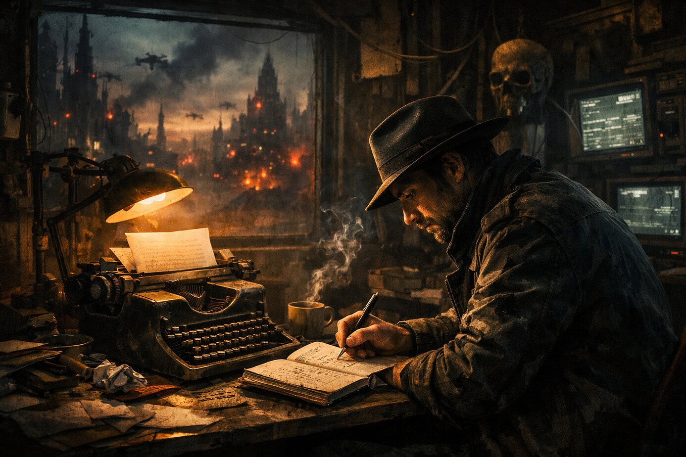 Escritor tomando notas frente a una máquina de escribir en un ambiente oscuro y distópico, representando el proceso de crear ficción especulativa.