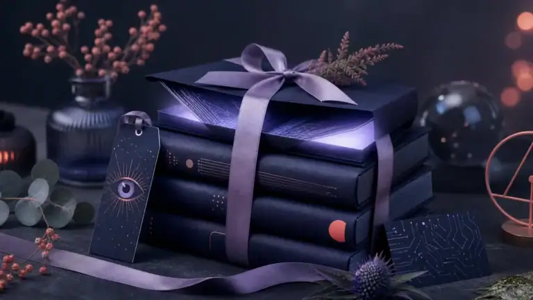Libros distópicos envueltos como regalo con una cinta violeta