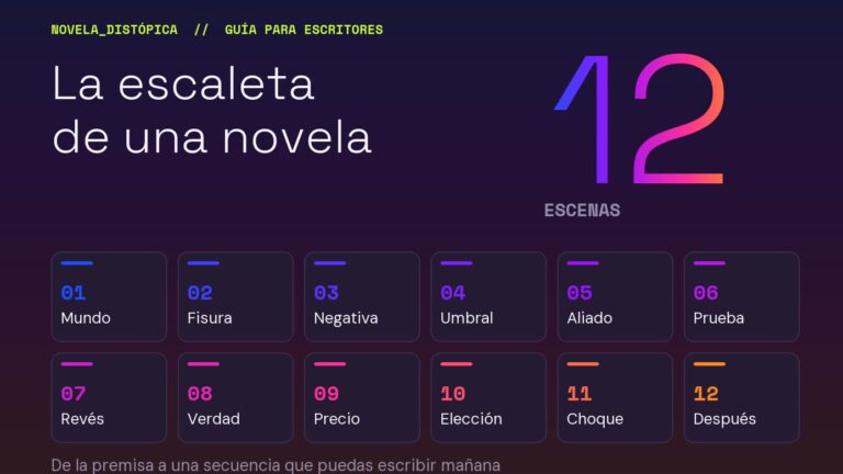 Esquema de la escaleta de una novela distópica dividida en doce escenas numeradas, del planteamiento del mundo al desenlace