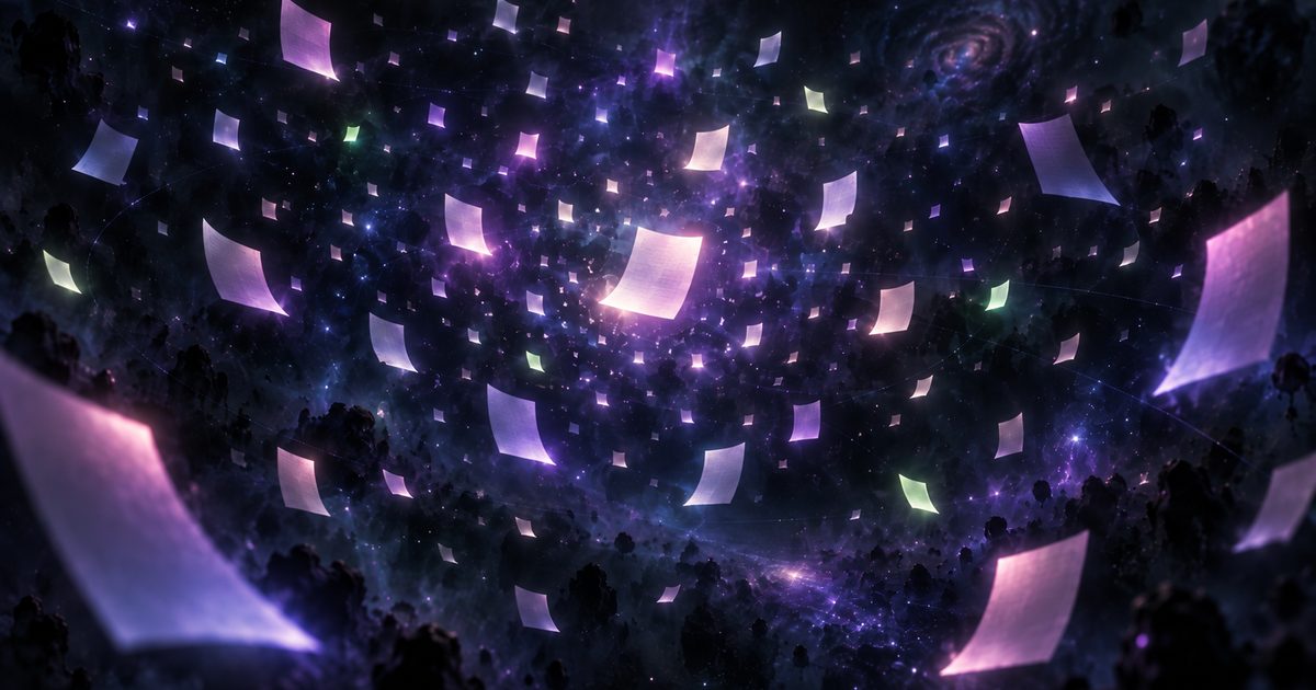 Decenas de hojas de papel luminosas suspendidas en un cielo nocturno